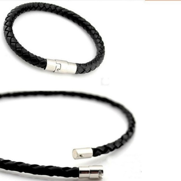 Stainless Steel Black Braid Leather Men's Bracelet - Picture 3 of 6
